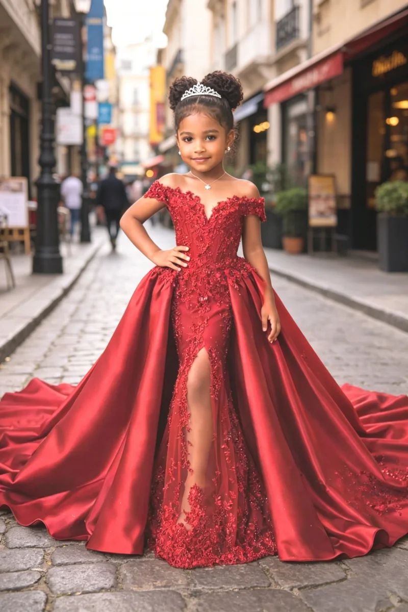 

Custom JDY High Off Shoulder Sequin Lace Mermaid Detachable Train Flower Girl Dress Wedding Party Gown Birthday Pageant Dress فس