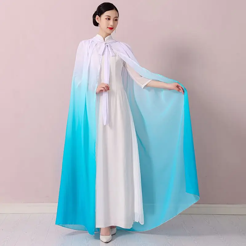 Chinese Traditional Hanfu Cloak Gradient Color Chiffon Martial Art Hanfu Travel Photo Shawl Hooded Cape Carnival Cosplay Costume