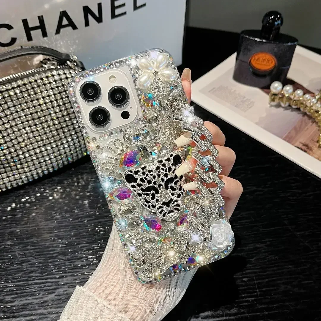 Luxury Bracelet Diamond Leopard head Rhinestone Case For Xiaomi Redmi 9A 9C Note8 9Pro Note10S Note11 Pro 12Pro Phone Cover