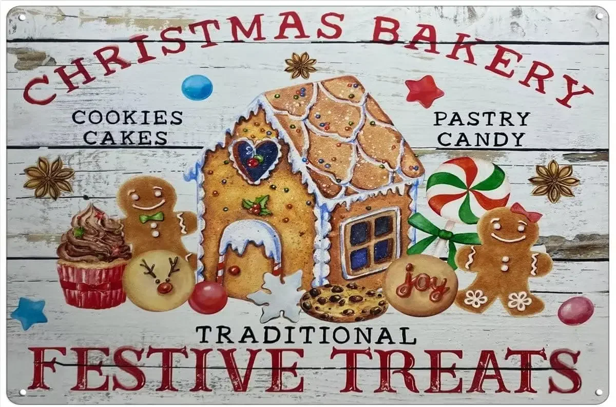 Christmas Bakery Vintage Gingerbread House Sign, Vintage Christmas Sign, Cute Gingerbread Men Wall Art Home Decoration