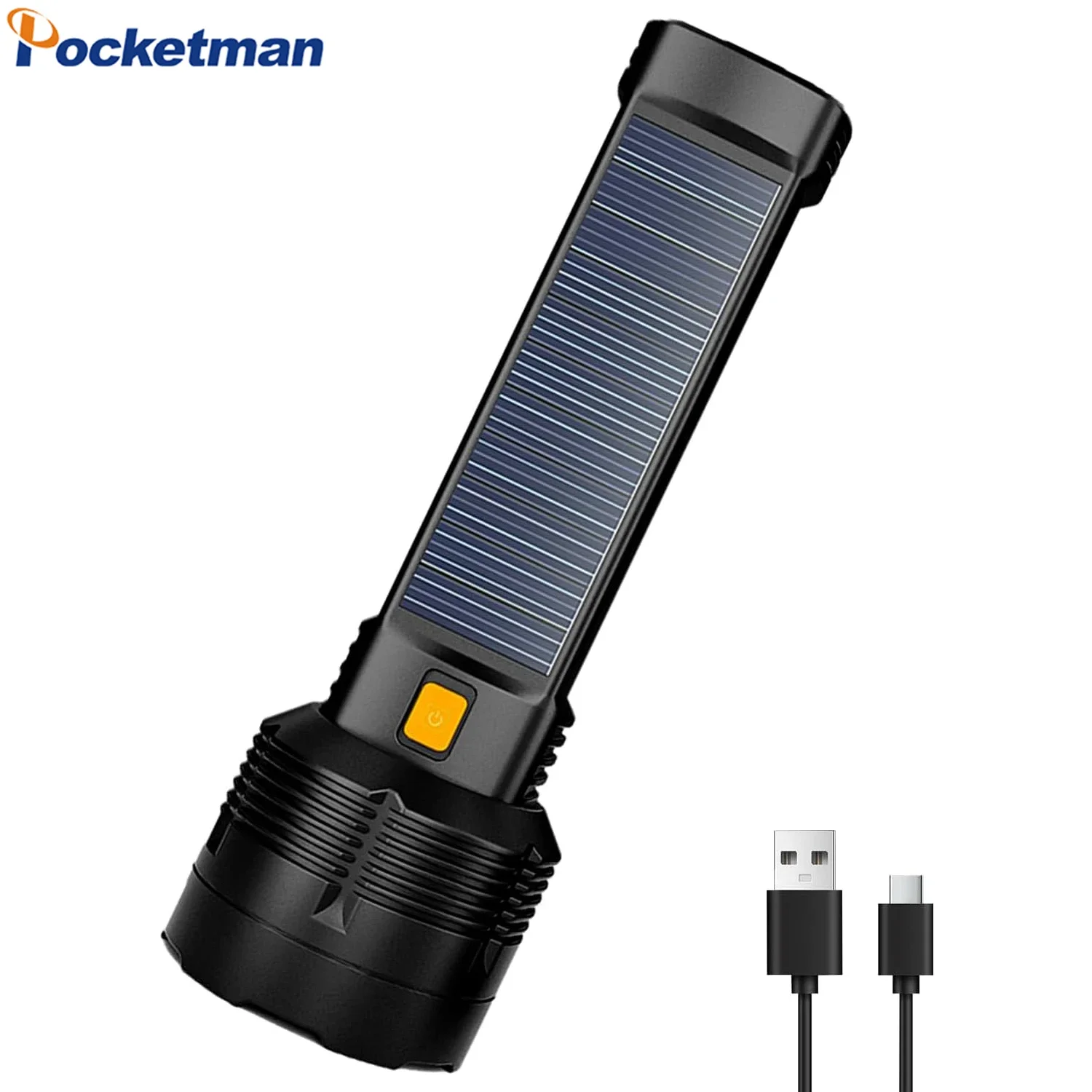 

Solar/USB Rechargeable LED Flashlight 3 Modes Adjustable Brightness Super Bright Torch Outdoor Waterproof Flashlights