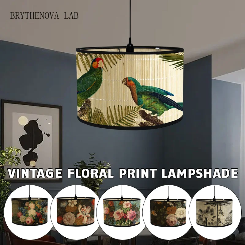 Retro Style Flower Printing Lampshade Japanese Style Homestay Decor Art Bamboo Chandelier Light Cover Chandelier Wall Lamp Shade