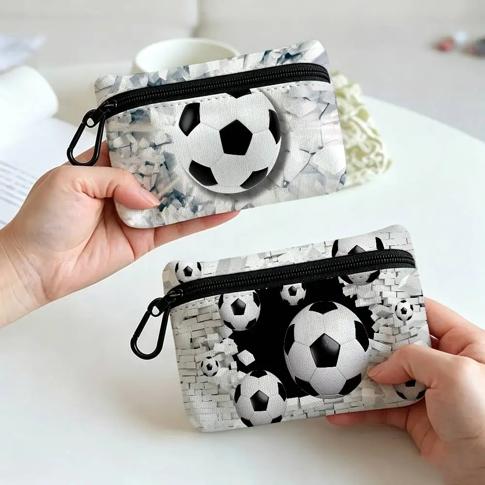 COOL 3D FootBall Mini Oxford Cloth Coin Purse With Carabiner Hook Portable Key Card Wallet Small Zipper Storage Pouch