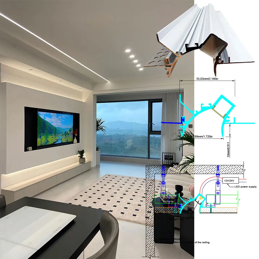 0.5M 1szt Profil do taśmy aluminiowej LED Kanał świetlny do gipsu w profilu LED Sufitowe oświetlenie ścienne