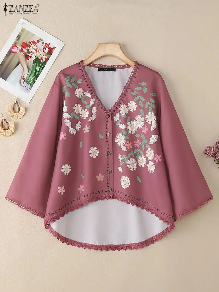 

ZANZEA Women's Floral Printing Lace Trim Shirts 2025 Autumn Fashion V-Neck Long Sleeve High-Low Shirt Everyday Casual Wear S-3XL
