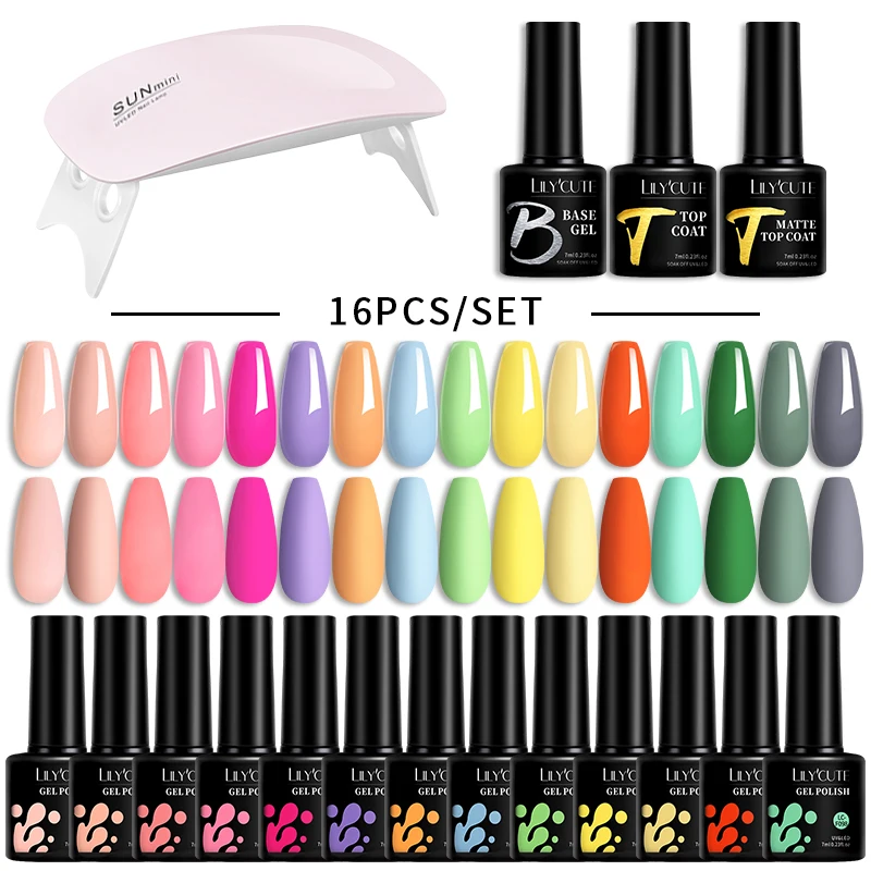 LILYCUTE 7ML Gel Nagellak Set Glitter Nagelgel Kit Met 6W UV Lamp DIY manicure Losweken Basis Matte Top Coat Nail Art Gel