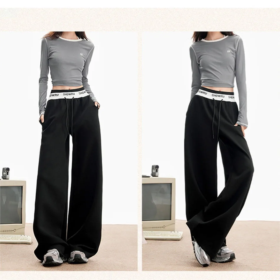 Women's Fashion Pants High Waist Webbing Loose Women's Wide Leg Pants Solid Colour Casual Female Pants Autumn Daily Wear