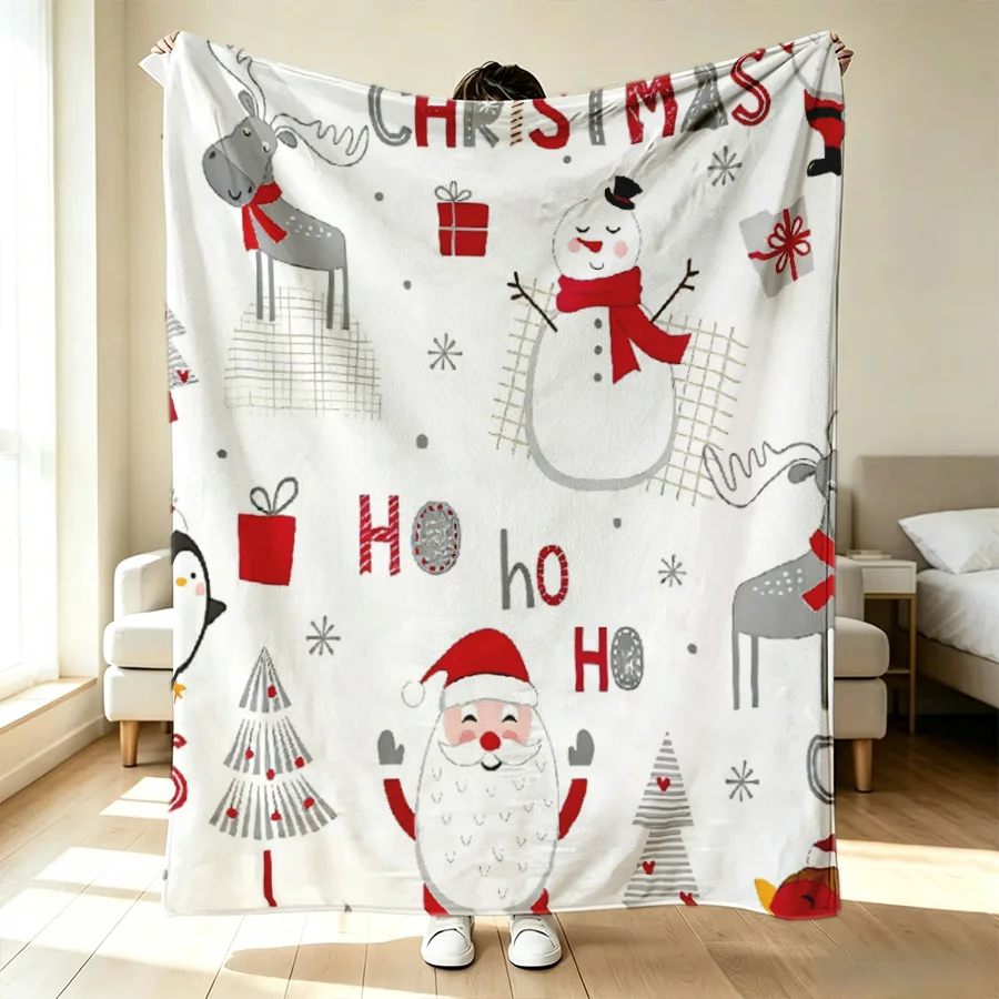 Cartoon Christmas Tree Santa Reindeer Print Flannel Throw Blanket, Distinctive Graffiti 2D Single-Sided Printed Holiday Blanket