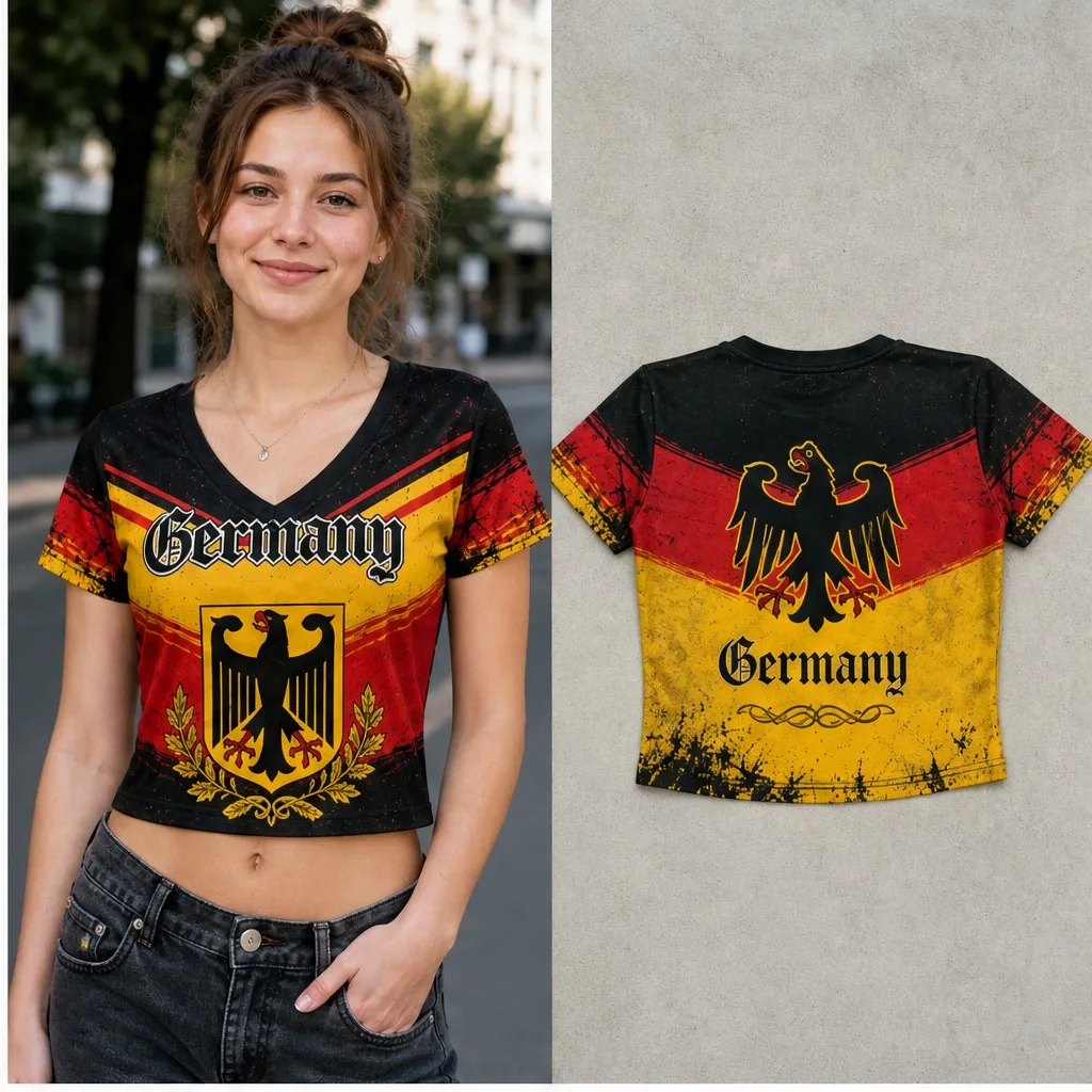 Womens Germany V Neck Short Sleeve Crop Top Eagle Laurel Graphic Casual Summer Shirt for Street Travel Holiday and Everyday Wear