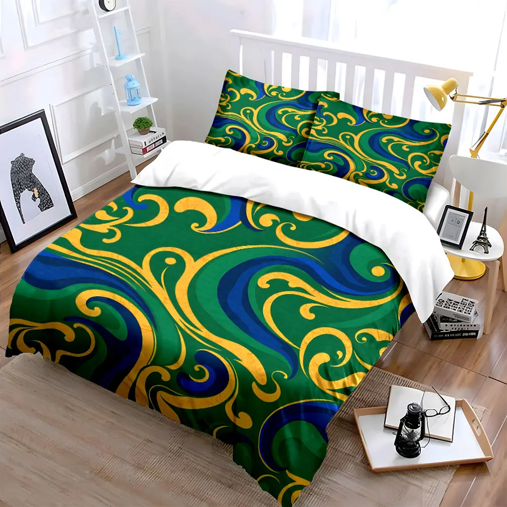 Abstract green blue gold swirl Pattern Duvet Cover Set Digital Print Colorful Polyester Bedding with Zipper Closur for gifts
