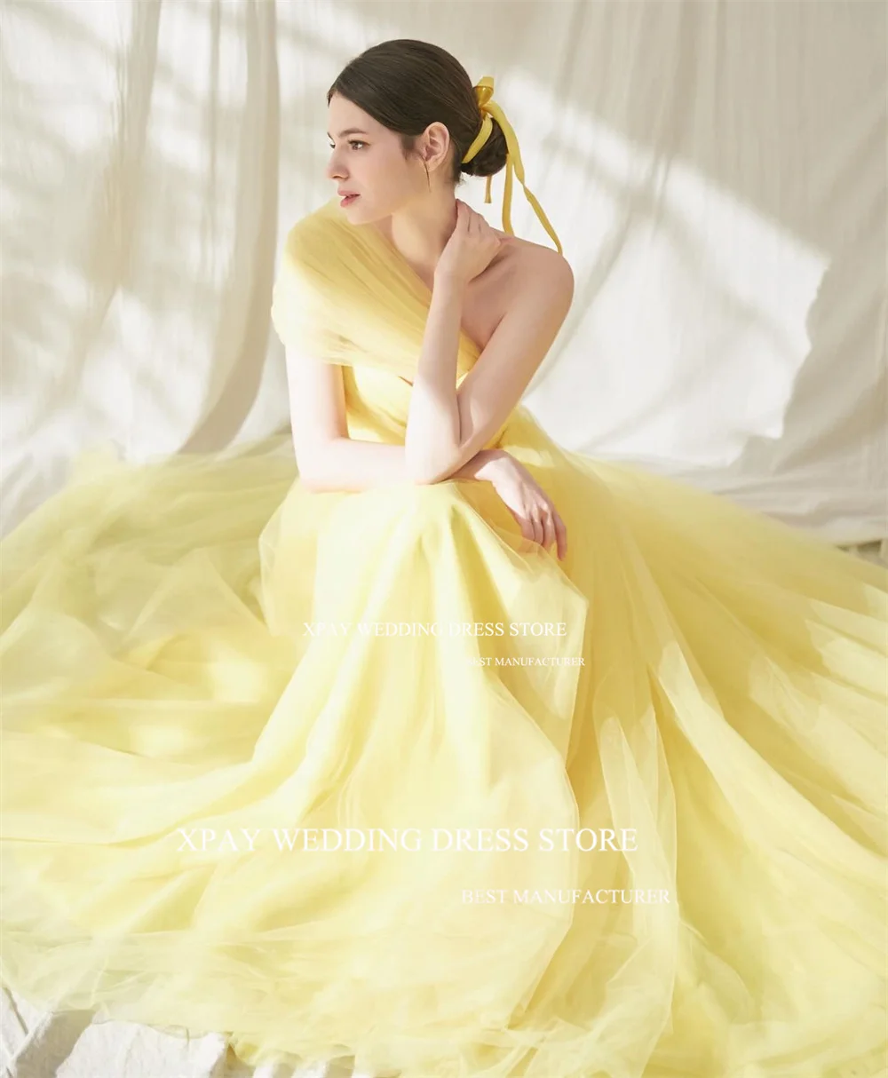 XPAY Sweetheart Yellow 3 Style Korea Evening Dresses Fairy Tulle Long Puff Sleeves Wedding Photo Shoot Open Back Bride Gown