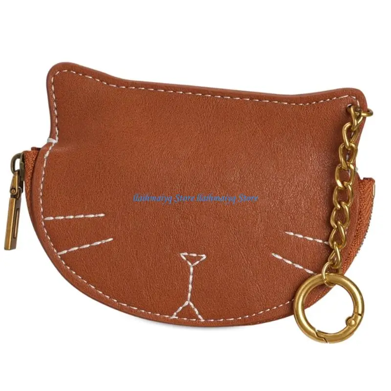 573B Leather Cats Coin Purse with Zippers Keychain Change Purse Keychain Coin Card Holder Keychain for Women Girls