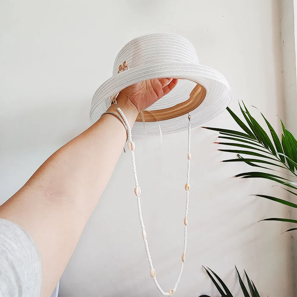 Luxury RB Chain Straw Hats Women French White Straw Boater Hat elegant hat Shell Beads Wind Rope ladies sun hat beach Bonnet
