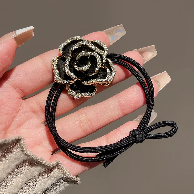High-End Camellia Rhinestone Hair Tie 2025 New Super Fairy-Like Hair Band Elastic Band for Women Ponytail Hair Rope Hair Accesso