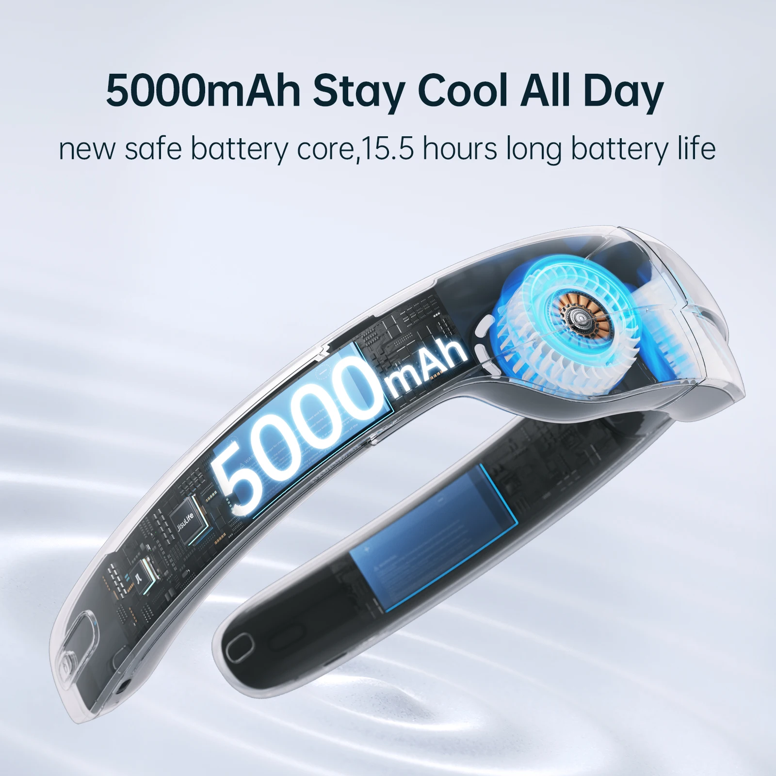 Wentylator przenośna szyjka JISULIFE, 100 prędkość wiatru, 5000mah baterii, 17 godzin czasu pracy, Mini wentylator elektryczny szyi Usb akumulator pałąk na szyję wentylator