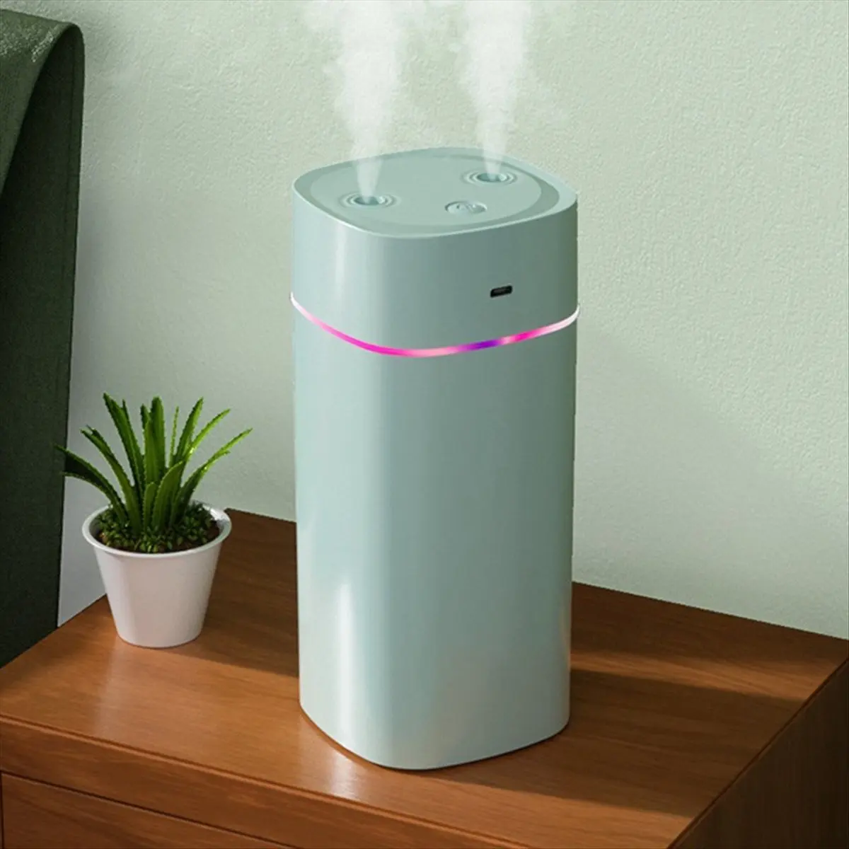 (ABZD) Colorful Night Light Small Humidifier Double Spray Air Atomizer USB Silent Home Humidifier Car Purifying Air Spray Green