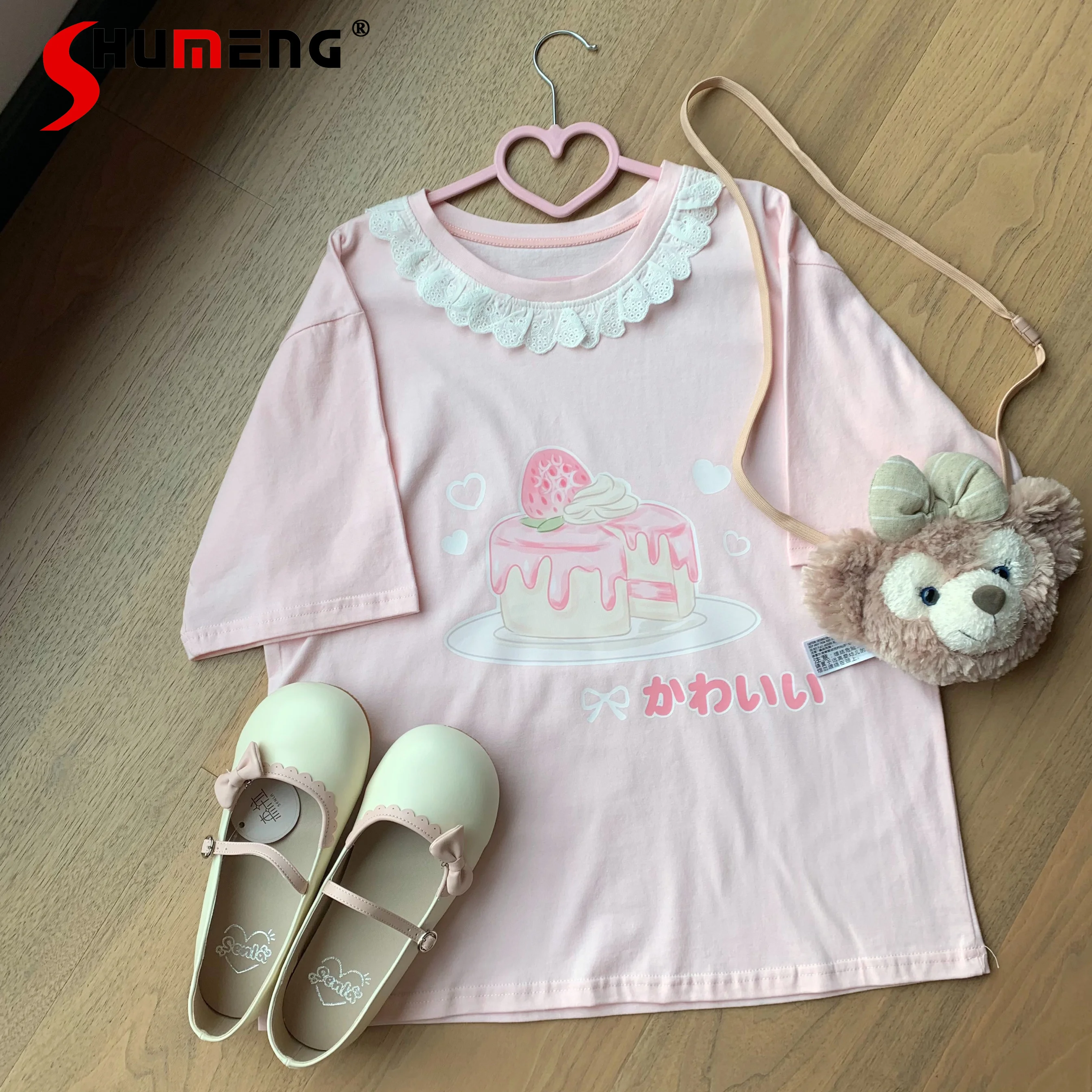 Japanese Sweet Young Girl Light Pink T-shirts Versatile Lace Collar Short Sleeve T Top and Cute Short Bud-Shaped Pants 2 Pieces