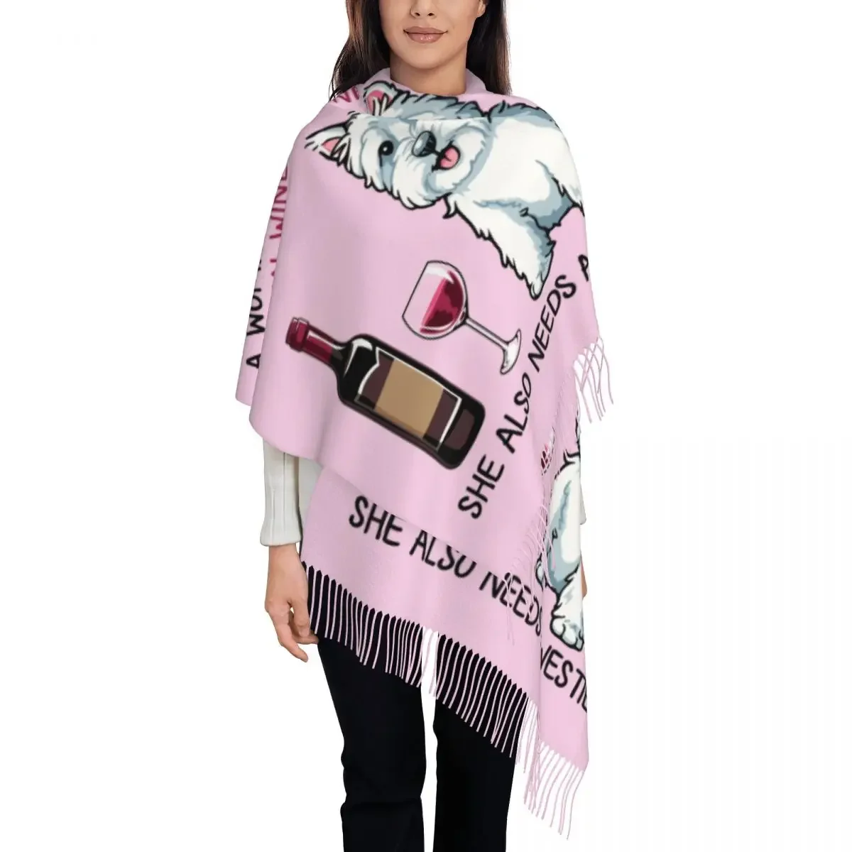 Custom Westie And Wine Funny Dog Cartoon Tassel Scarf Women Soft West Highland White Terrier Shawl Wrap Lady Winter Fall Scarves