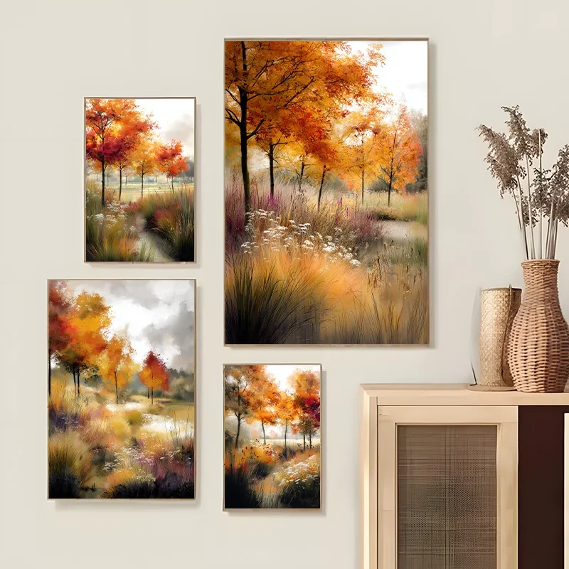 Vibrant Autumn Forest Landscape Canvas Poster Wall Art Rich Colors Cozy Fall Vibe for Home Decor