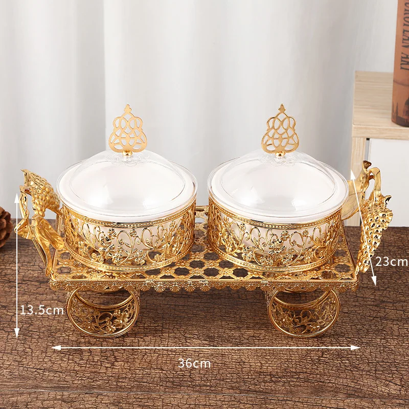 Gold Plated Fruit Tray Candy Dried Fruit Box with Lid Metal Openwork Craft Ornaments Creative Fruit Dessert Bowl Home Decoration