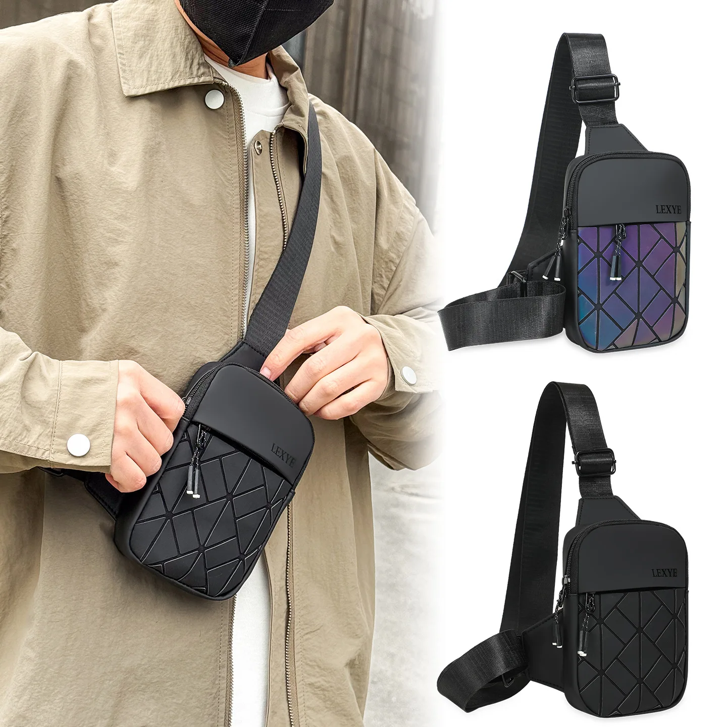 Geometric Pattern Sling Chest Bag Multi Zipper Pocket Adjustable Shoulder Strap Crossbody Pack for Sports Commute Outdoor Travel