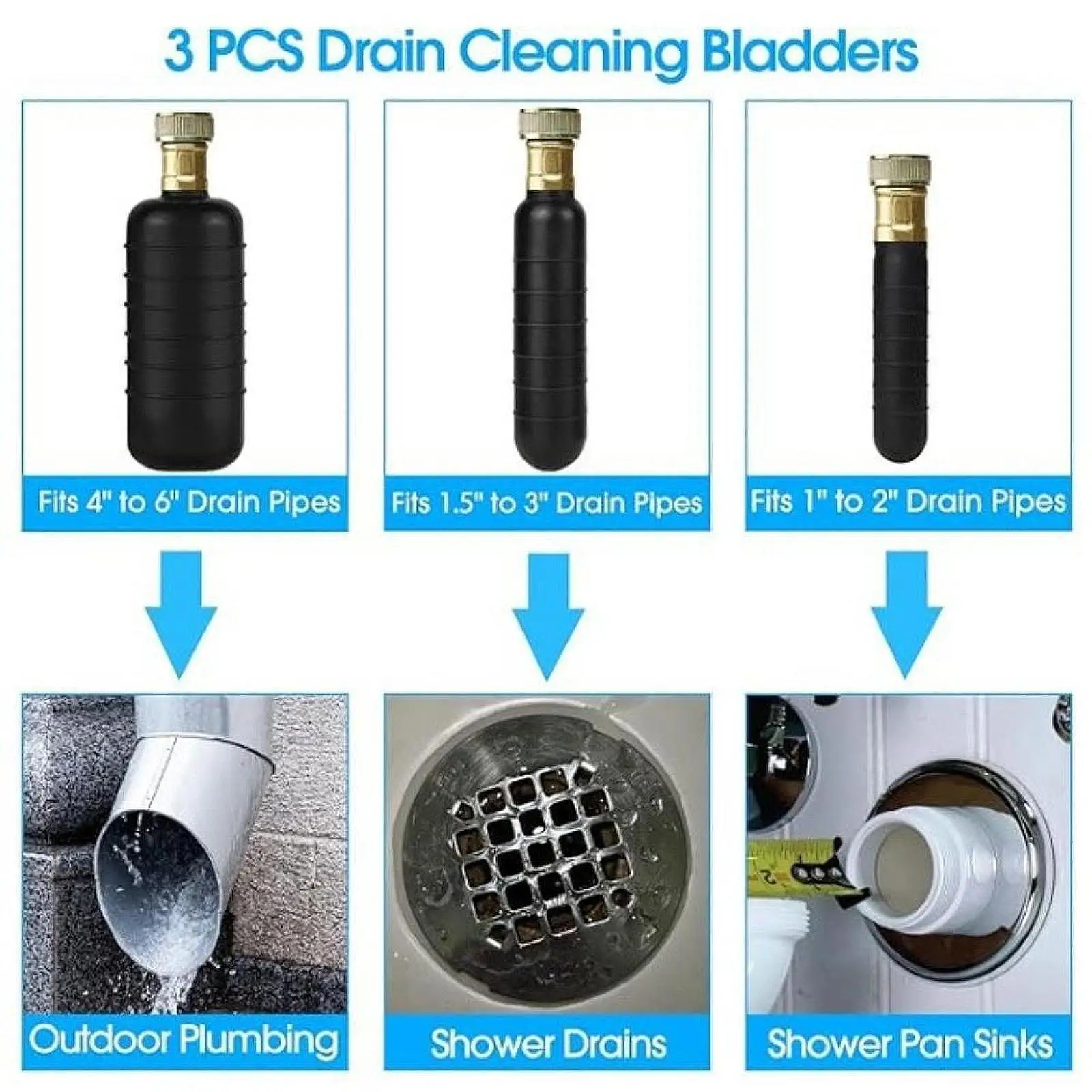 3 Pieces Drain Cleaning Bladder Fit 1 to 6 inch Drain Pipes Cleaning Bladder for Main Drain Sewer Swimming Pool Kitchen Sinks