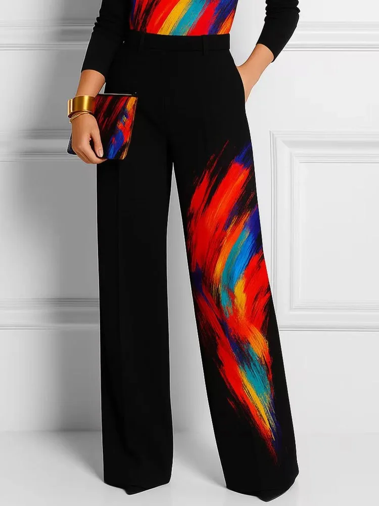 Women's Black Straight-leg Pants Fashion Vibrant Multicolored Printed High Waist Loose Casual Office Work Party Trousers Bottoms