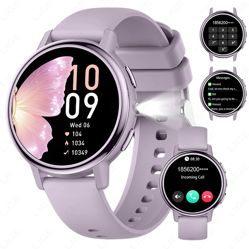 

LIGE женские умные часы с голосовым вызовом, светодиодный фонарик, спортивные часы для фитнеса, монитор сердечного ритма и здоровья, женские умные часы с Bluetooth