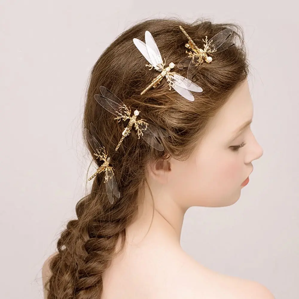 Fancy Barrettes Women Baroque Hair Clip Pearl Bridal Dragonfly Hairpins Gold Wedding Headdress