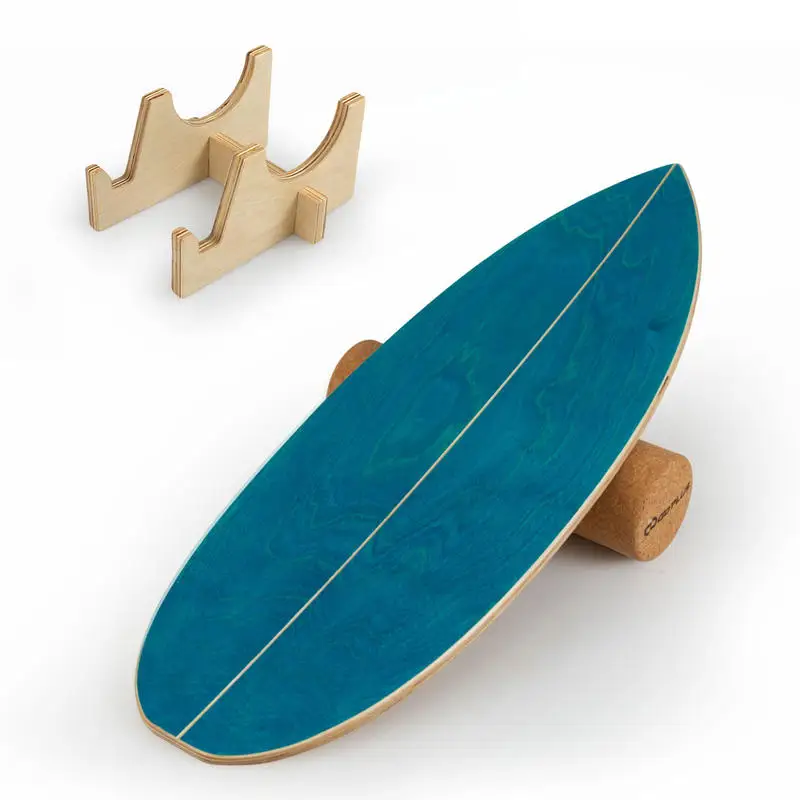 Planche d'équilibre en bois avec rouleau en liège et support de rangement pour l'exercice - Bleu