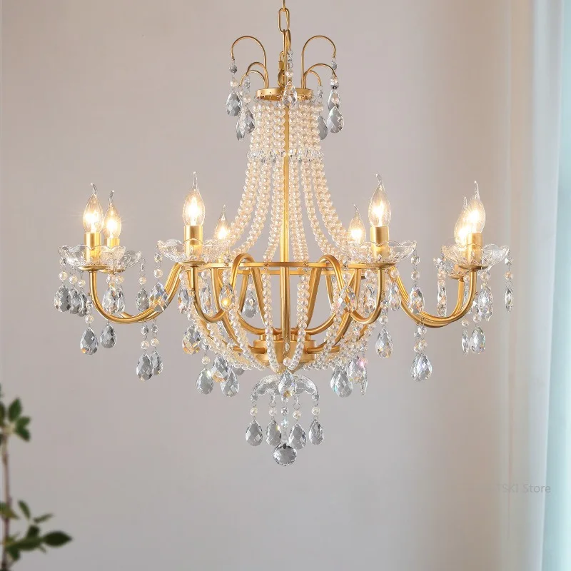 

French retro pearl medieval villa living room, dining room, bedroom, duplex building, grand American crystal lamp