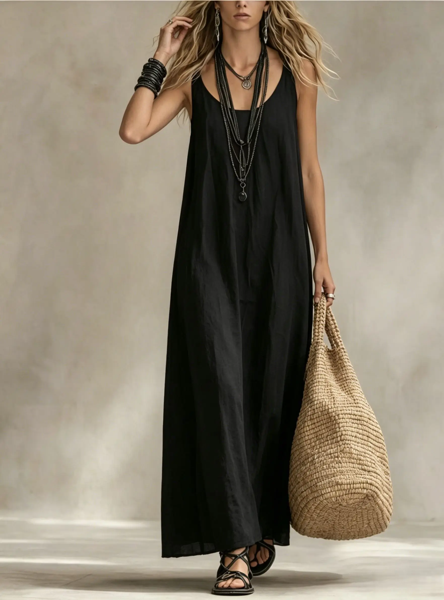 Damen Fließendes Ärmelloses Langes Kleid Lässiger U-Ausschnitt Locker Sitzendes Maxikleid Vielseitiges Sommer-Urlaubs-Party-Pendler-Outfit – Detail 9