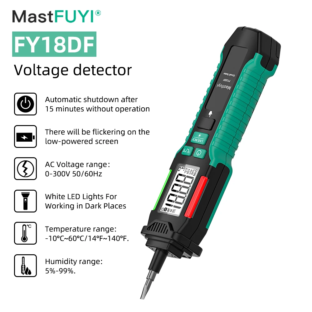 

MASTFUYI Handheld Digital Voltmeter 12-300V Temperature Detector, Humidity Detector Voltage tester comes with alarm and light