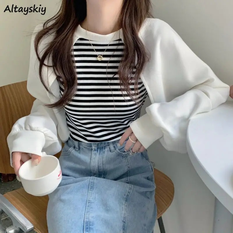

Women Hoodies Korean Style Leisure Fashion Chic All-match Simple Striped Lovely Loose Fake 2pcs Streetwear Vintage Tops Daily