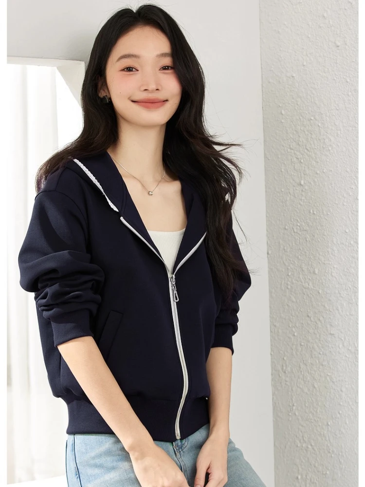 

VIMLY Elegant Women Jackets Autumn 2025 Office Wear Zip Up Navy Blue Lace Hooded Short Female Long Sleeve Jacket Woman Top A2129