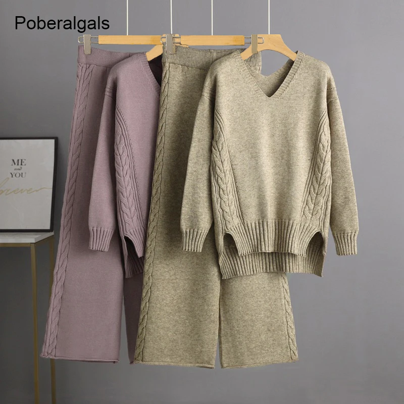 XOẮN Dệt Kim Quần Ống Rộng Áo Len Phù Hợp Với Phụ Nữ Thu Đông 2022 Hàn Quốc Rời Áo Len Dày Tính Khí Quần 2 Bộ xu Hướng