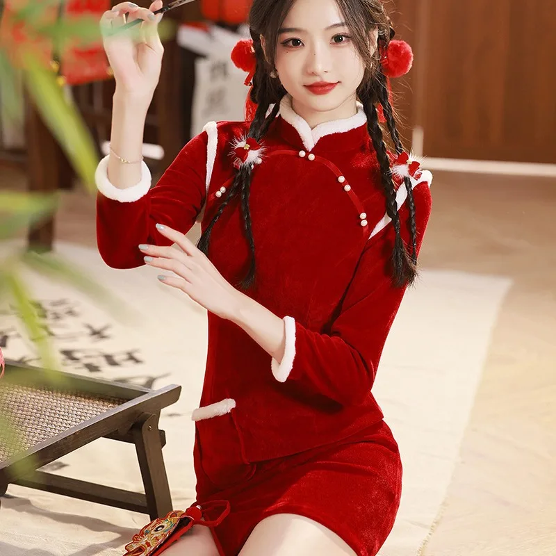 

Красное традиционное китайское платье Qipao для невесты, осенне-зимнее улучшенное утолщенное платье-Ципао, элегантные темпераментные рождественские платья