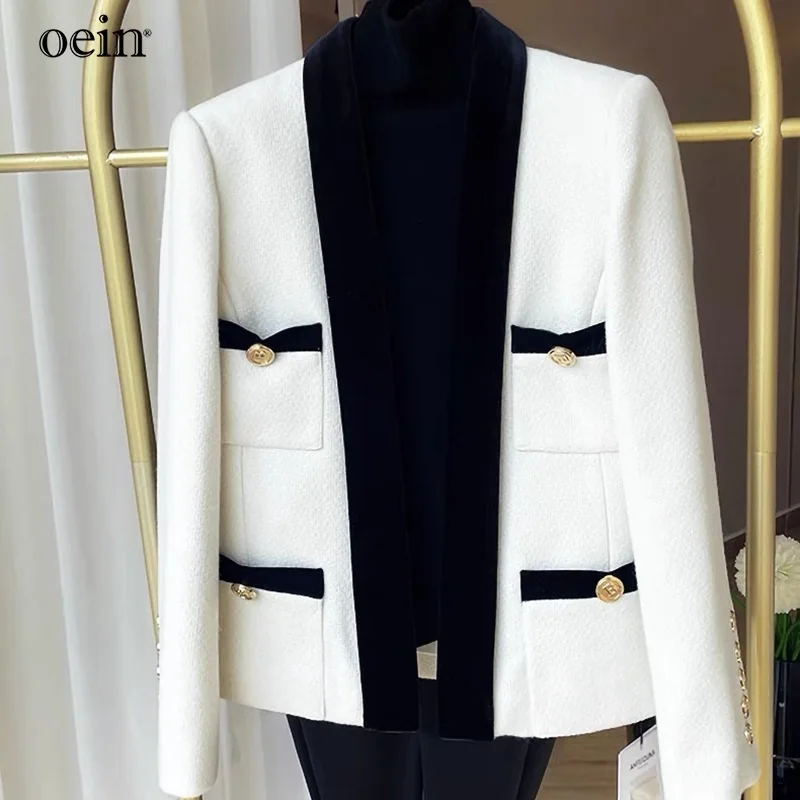 [oein] High End White Suit Top 2025 Spring New French Socialite Temperament Small Fragrant Short Jacket For Women