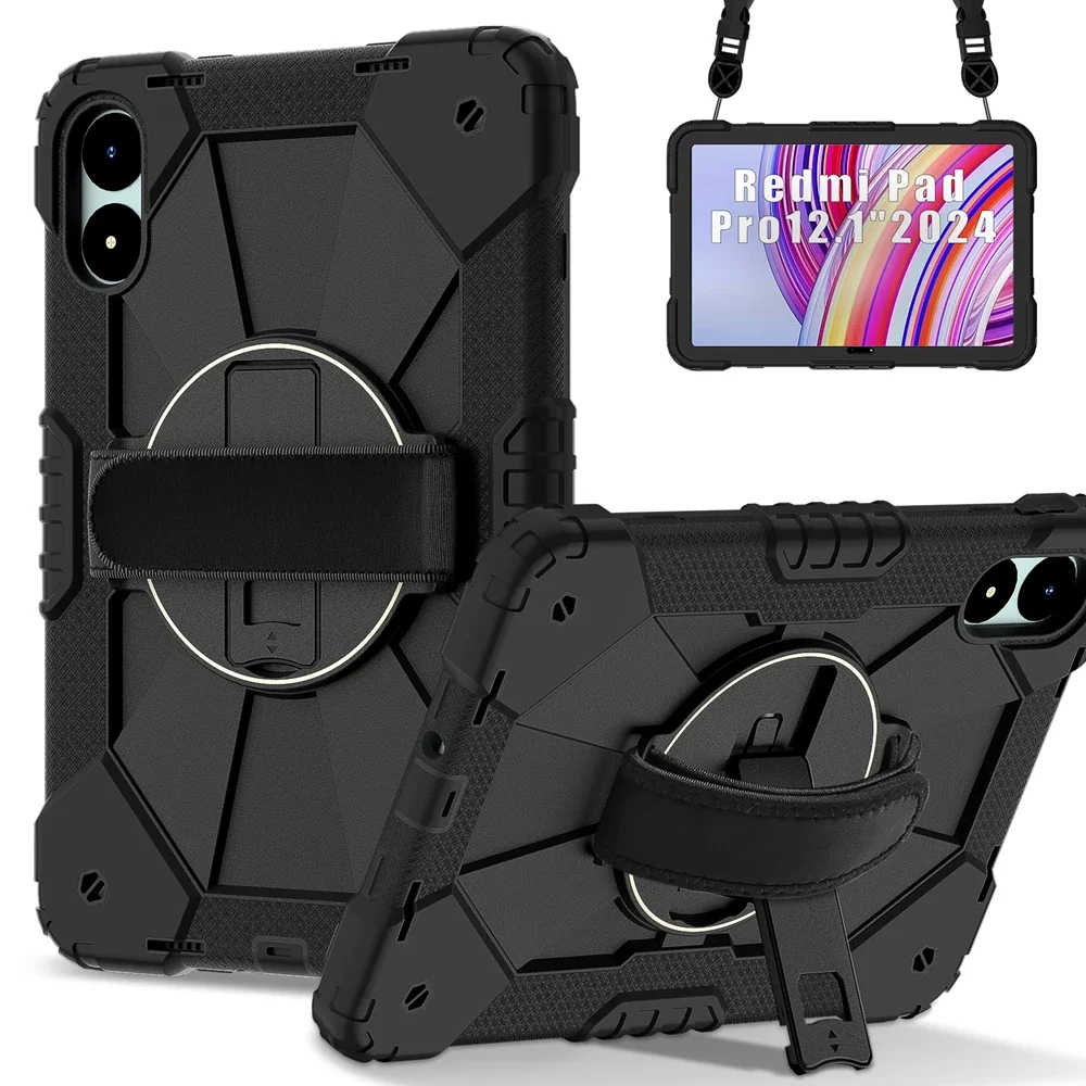 For Xiaomi Redmi Pad Pro 2024 5G 12.1 inch Case Kids Safe Silicon + PC Shoulder Strap Shockproof Stand Tablet Cover