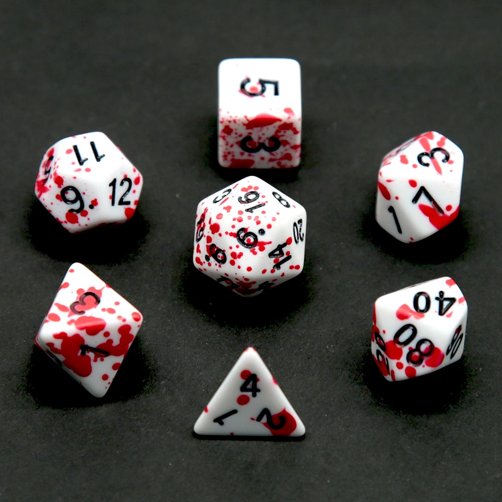 Halloween Blood Splatter Acrylic Dice Set 7Pcs - White Red Polyhedral Dice for DND RPG Tabletop Role Playing Games