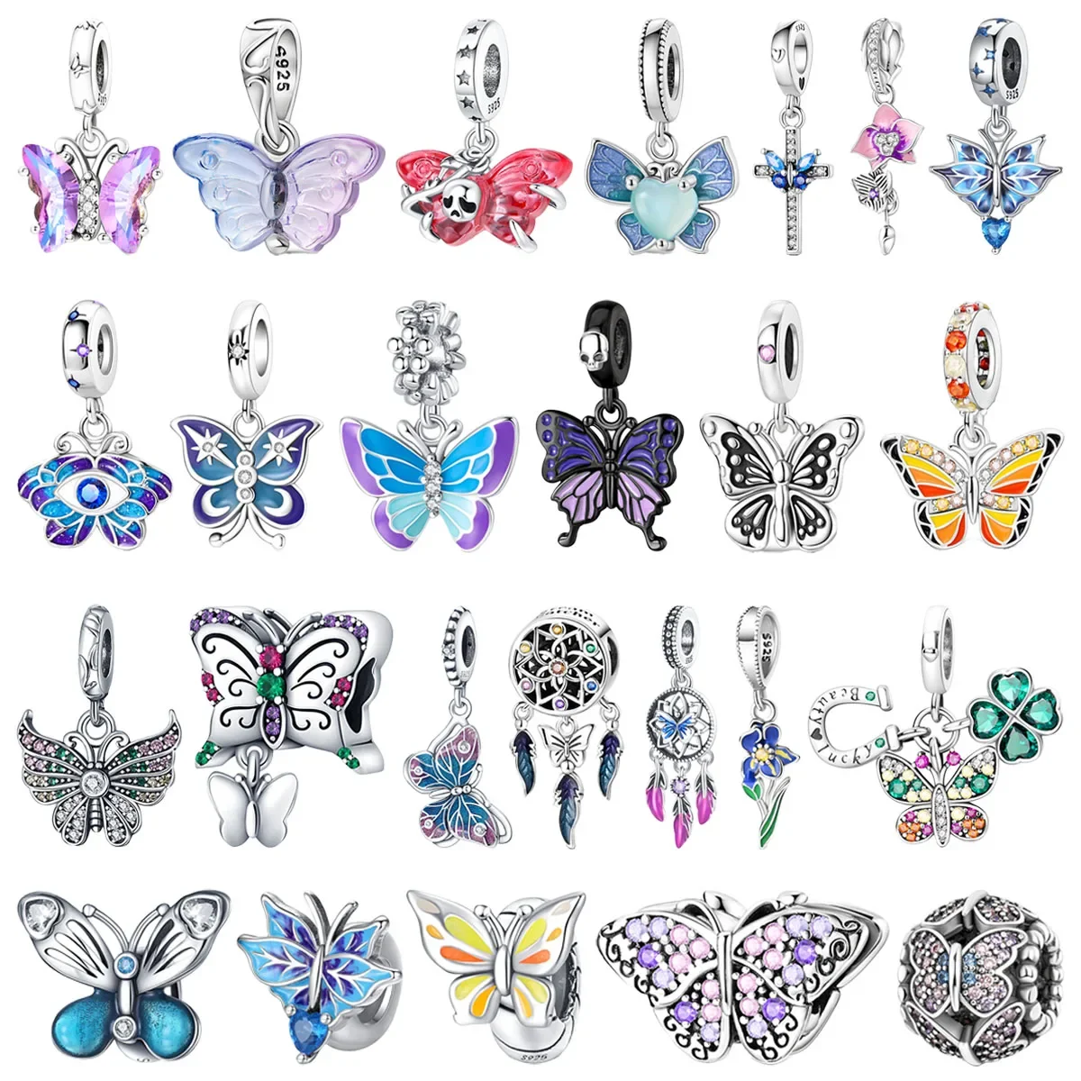 Original 925 Charms Sterling Silver Animal Butterfly Feather Flower Beaded Pendant for Pandora DIY Bracelet Ladies Jewelry Gift