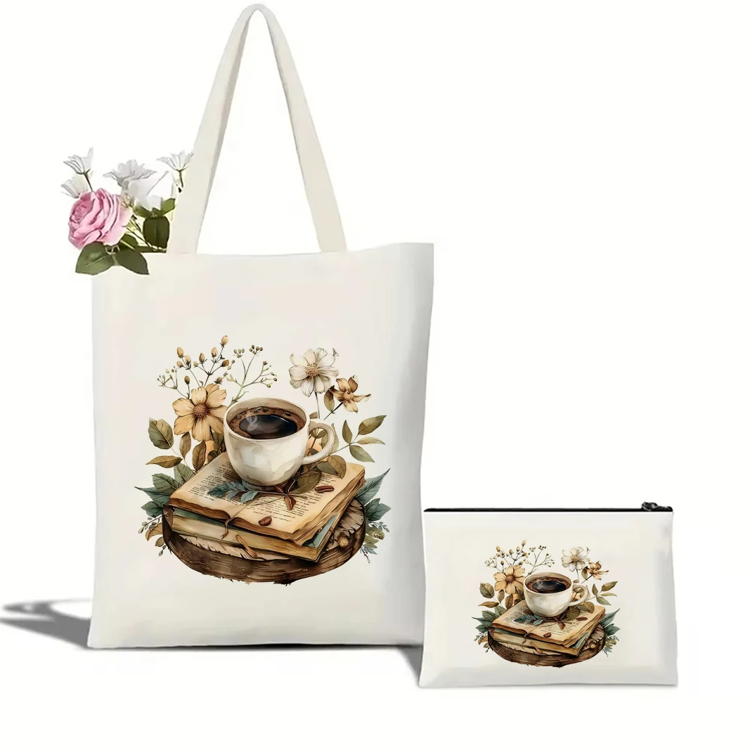 

Vintage Coffee And Book Canvas Tote Bag Large Shopping Bag Books Female Cosmetic Bag Shoulder Handbag Girl Handbags