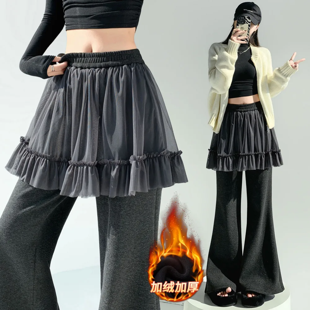 

Шикарные кашемировые сетчатые лоскутные расклешенные брюки на флисовой подкладке для женщин, зимние утягивающие повседневные брюки с высокой талией длиной до пола, расклешенные брюки