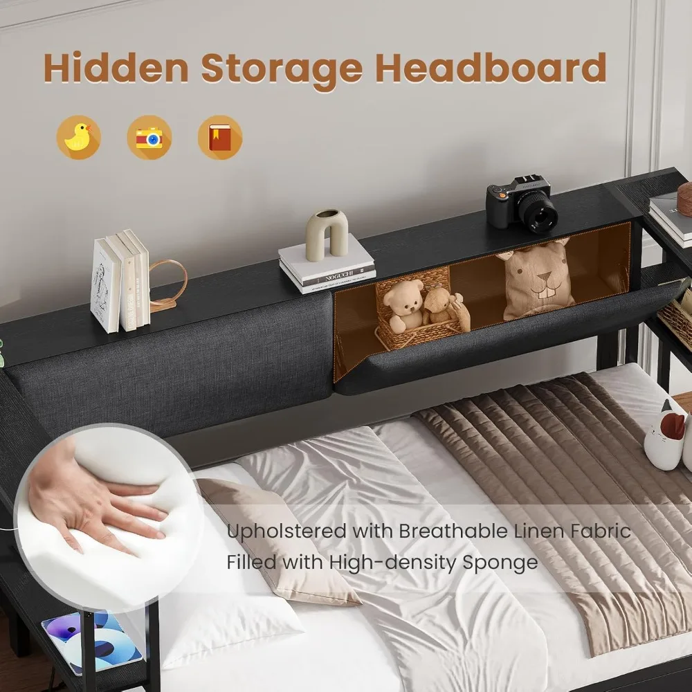 Espreguiçadeira dupla com estante de armazenamento e gavetas, estrutura de cama para quarto infantil, unidade de tamanho duplo com estação de carregamento, cama de canto