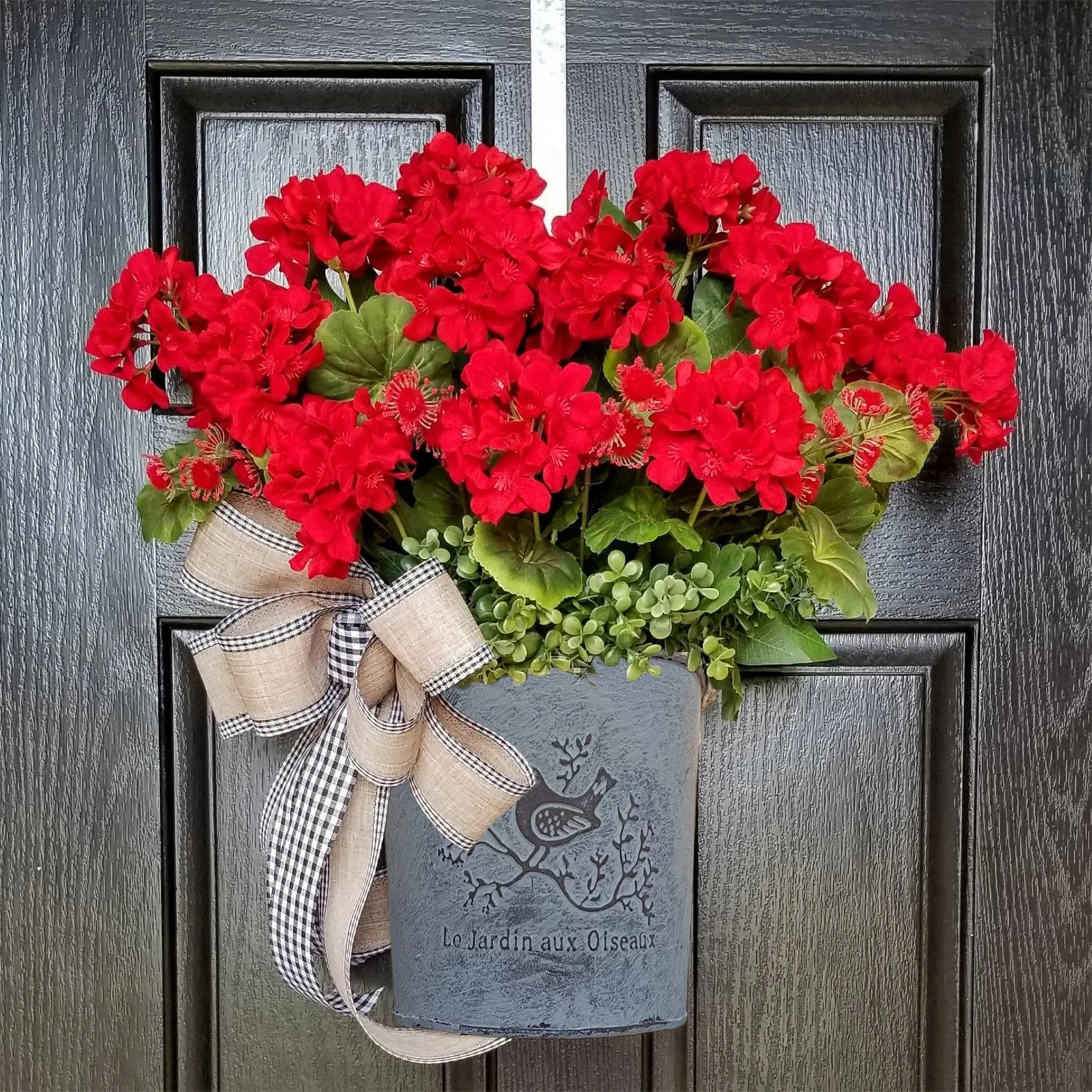 Red Geranium Bucket Wreath Front Door Artificial Spring Summer Wreath With Burlap Bow Colorful Cottage Garlands Simulated Plant