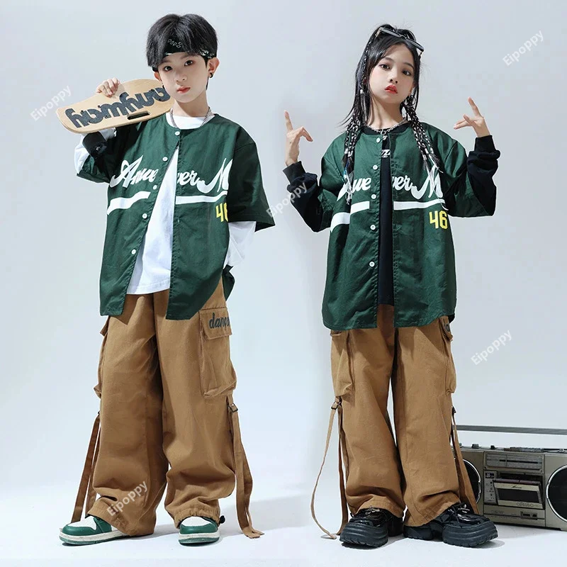 

Hip Hop Boys Fashion Baseball Jacket Caro Pants Girls Cool Streetwear Children Jazz Clothes Sets Kids Teens Street Dance Costume