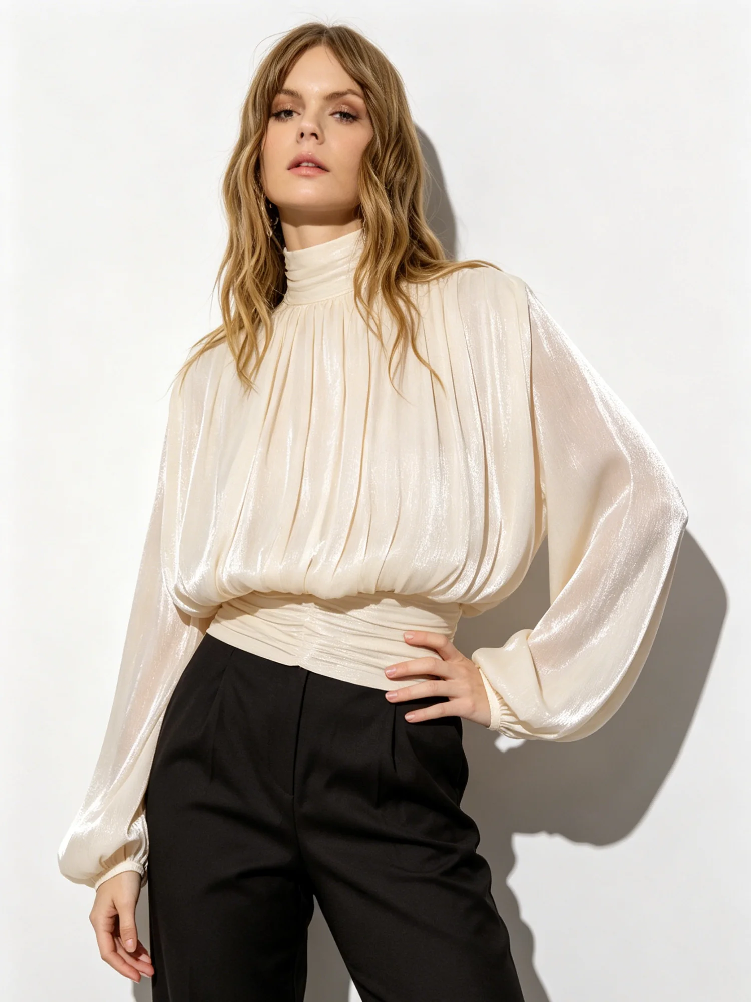 LIMO Women Glossy Satin Turtleneck Gathered Waist Balloon Sleeve Cropped Blouse