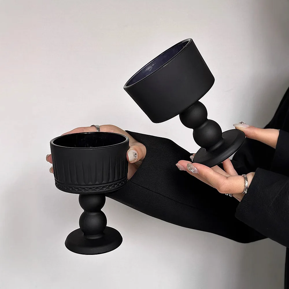

Wabi Sabi Matte Black Glass Goblet - French Vintage Wine Chalice with Handcrafted Elegant Stemware for Whiskey/Champagne
