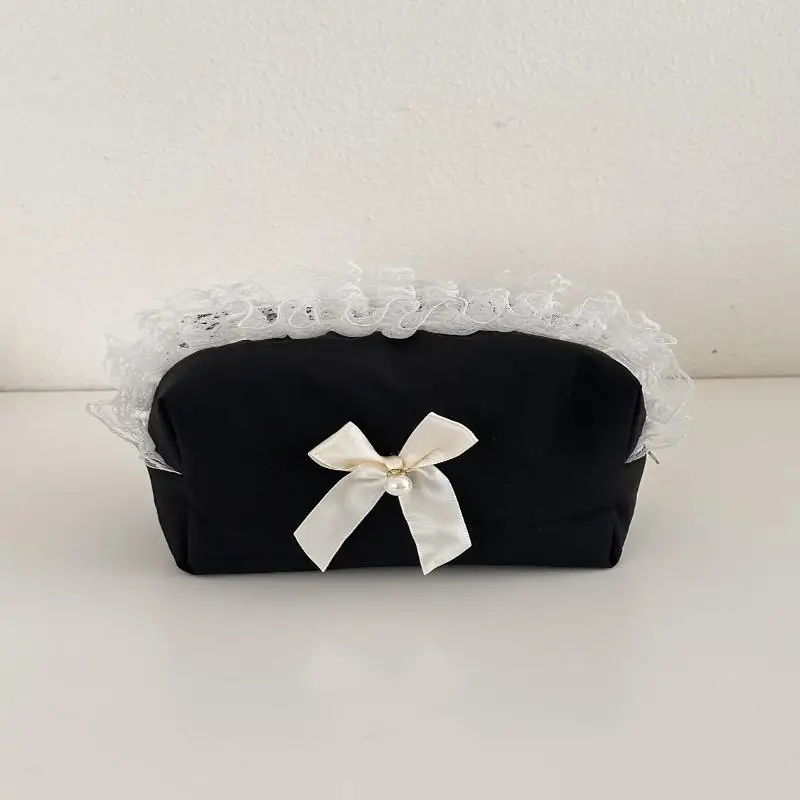 Schwarze Spitzen-Schleifen-Kosmetiktasche mit großer Kapazität, Reise-Kosmetik-Organizer, niedliche koreanische tragbare Tasche für Frauen – Detail 6