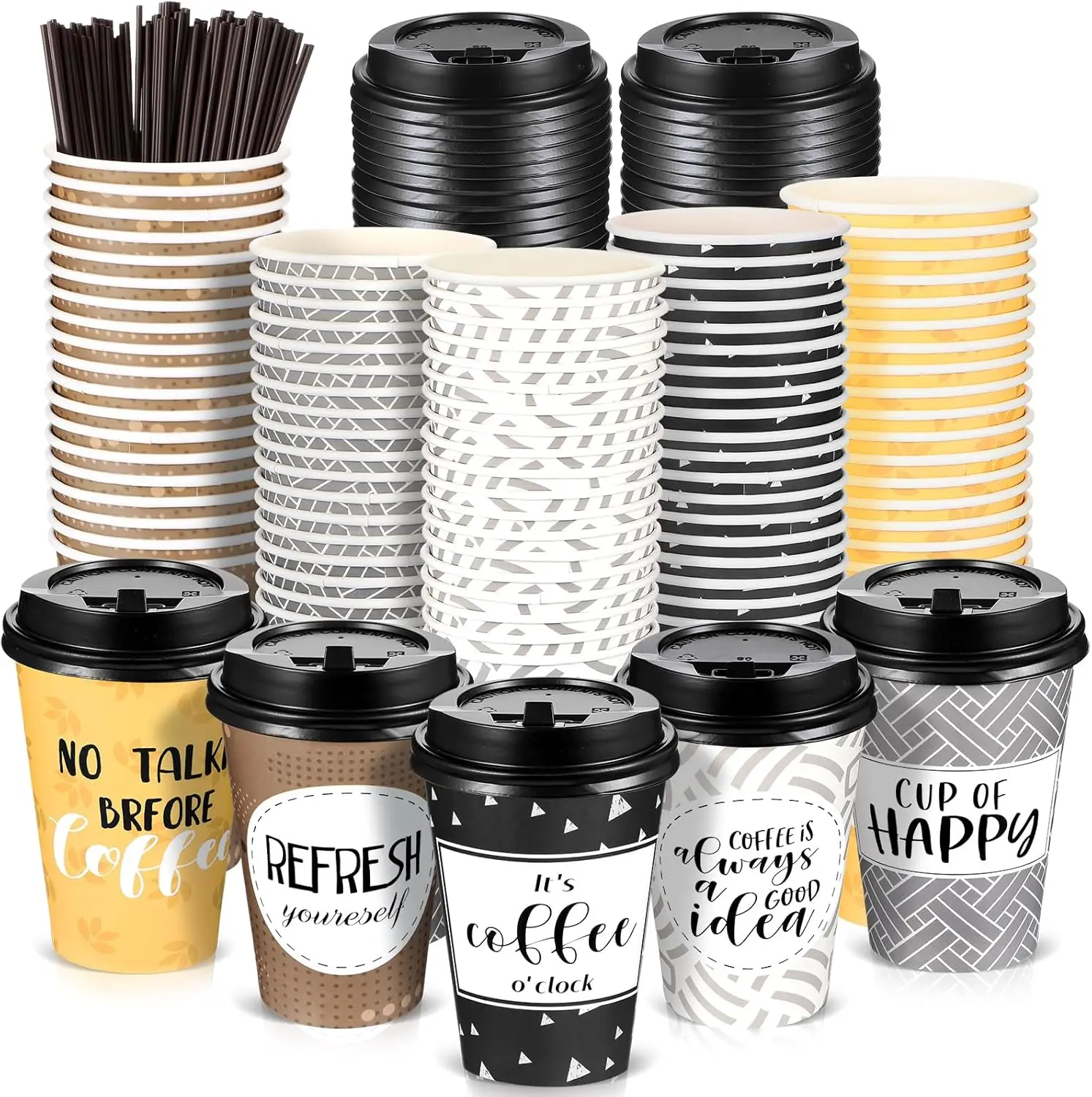 

100 Pack Disposable Coffee Cups with Lids and Straws, Motivational Paper Cups with 6 Quotes and Designs Disposable Hot C